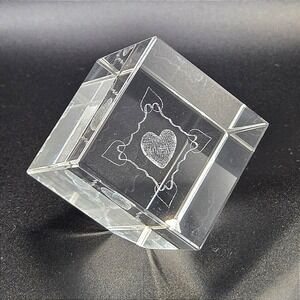 Vintage Crystal Cube Paperweight Laser Etched 3D Heart with Pink Gift Box Decor